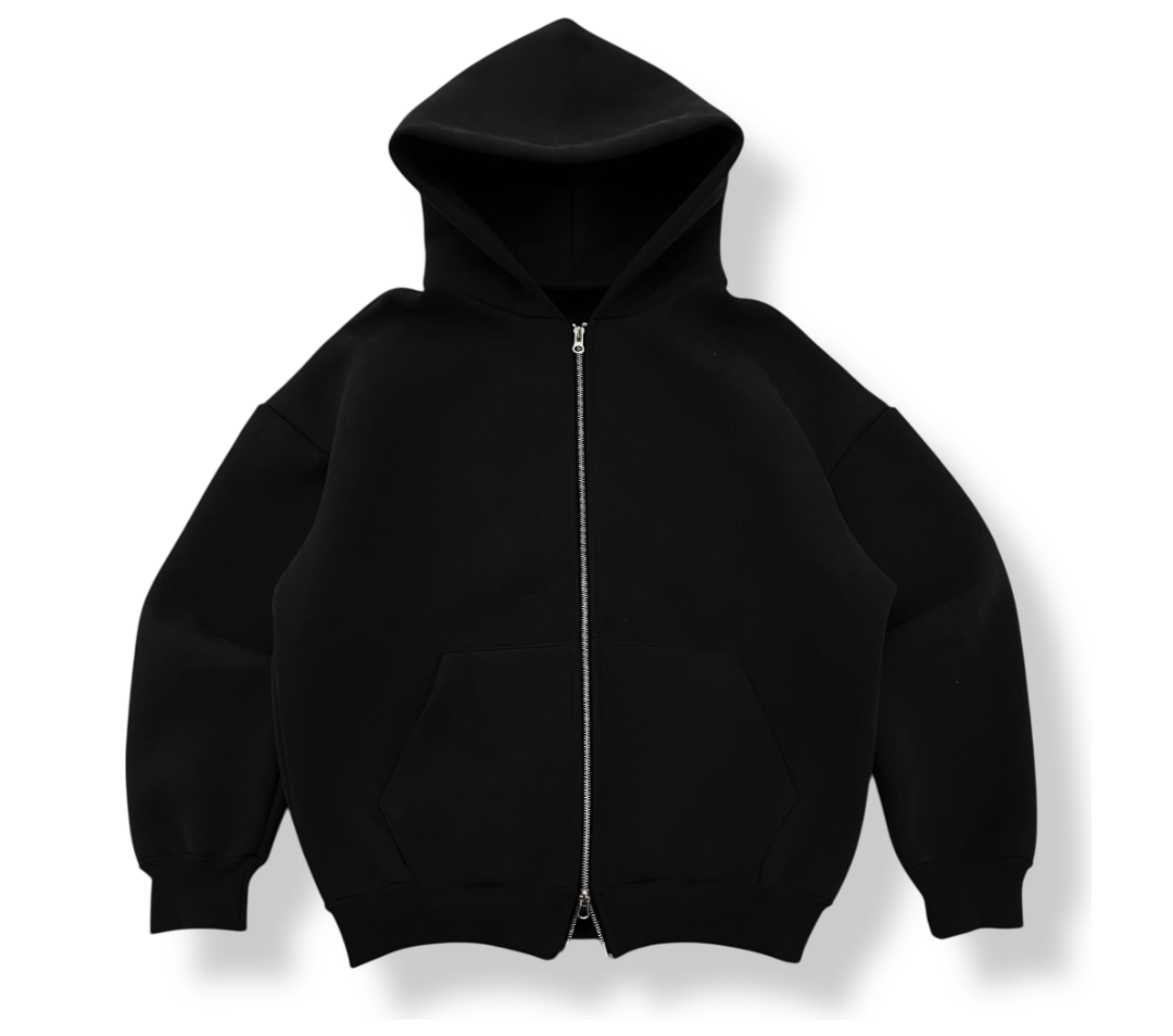 BLACK BOXY ZIP UP HOODIE