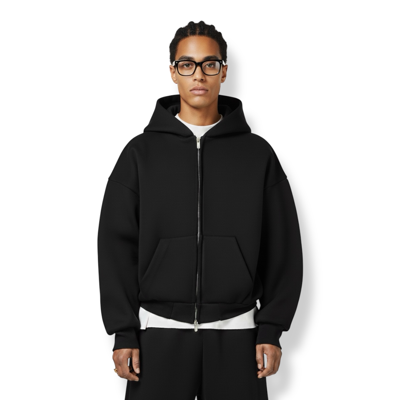 BLACK BOXY ZIP UP HOODIE
