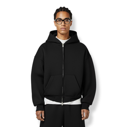 BLACK BOXY ZIP UP HOODIE