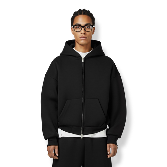 BLACK BOXY ZIP UP HOODIE