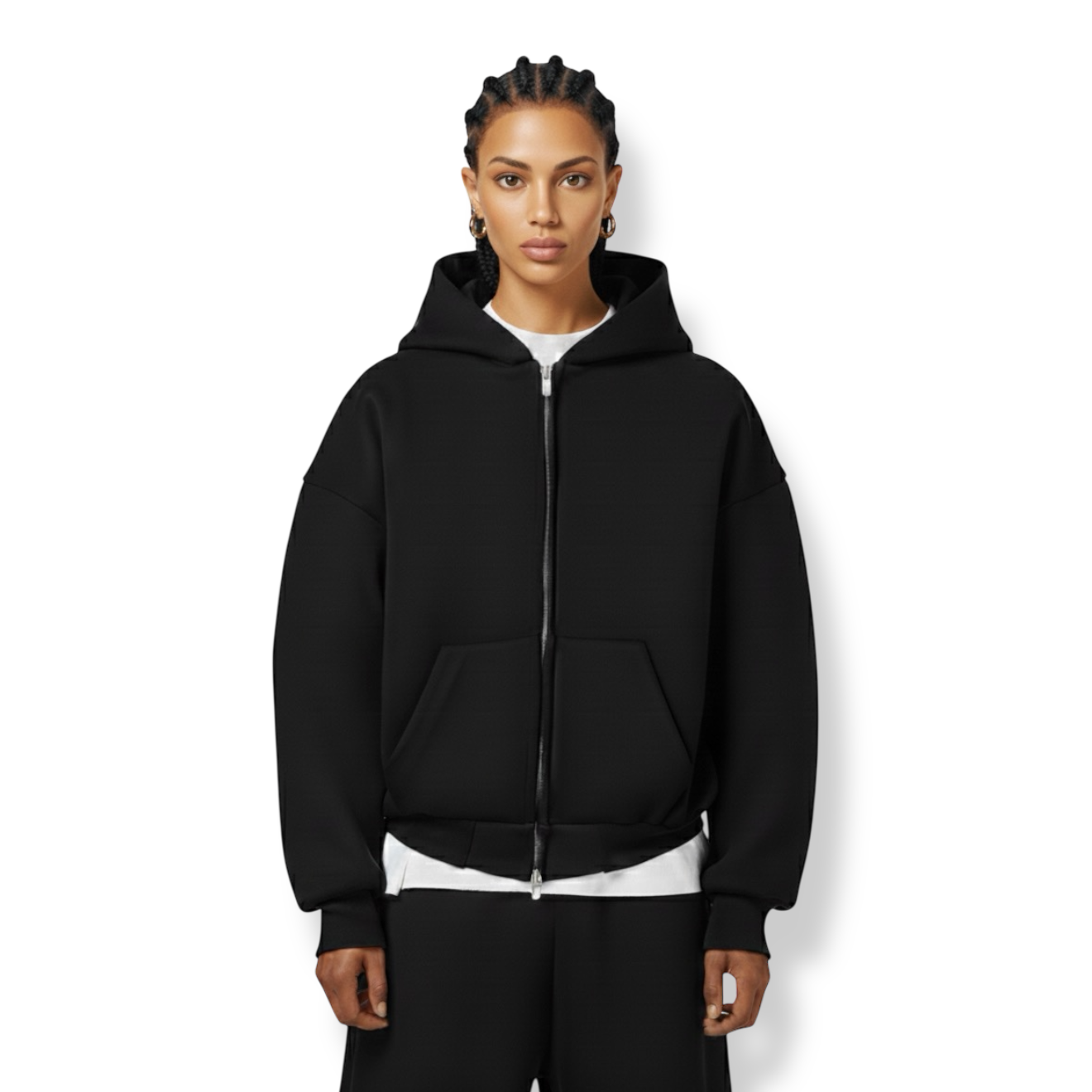 BLACK BOXY ZIP UP HOODIE